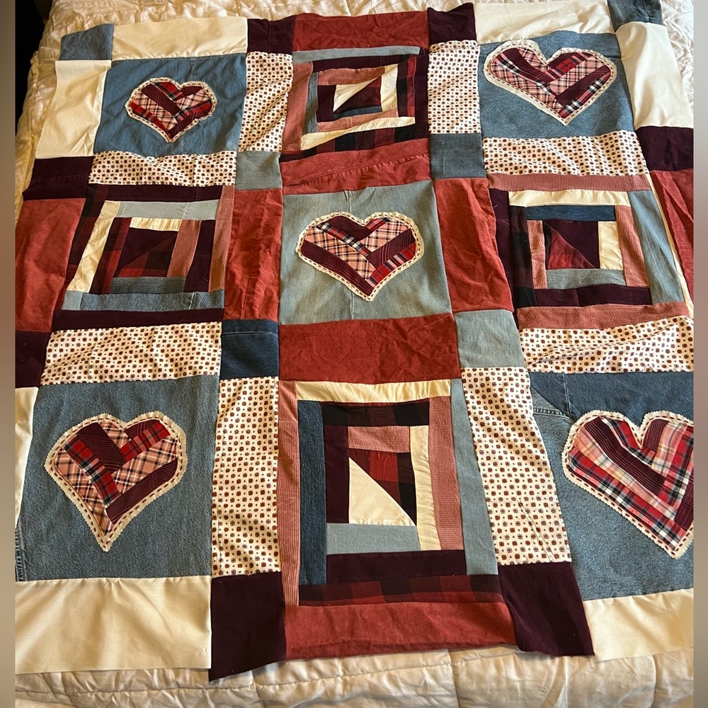 Shabby Chic Quilt Top | Upcycled Denim & Corduroy | 52” Square
